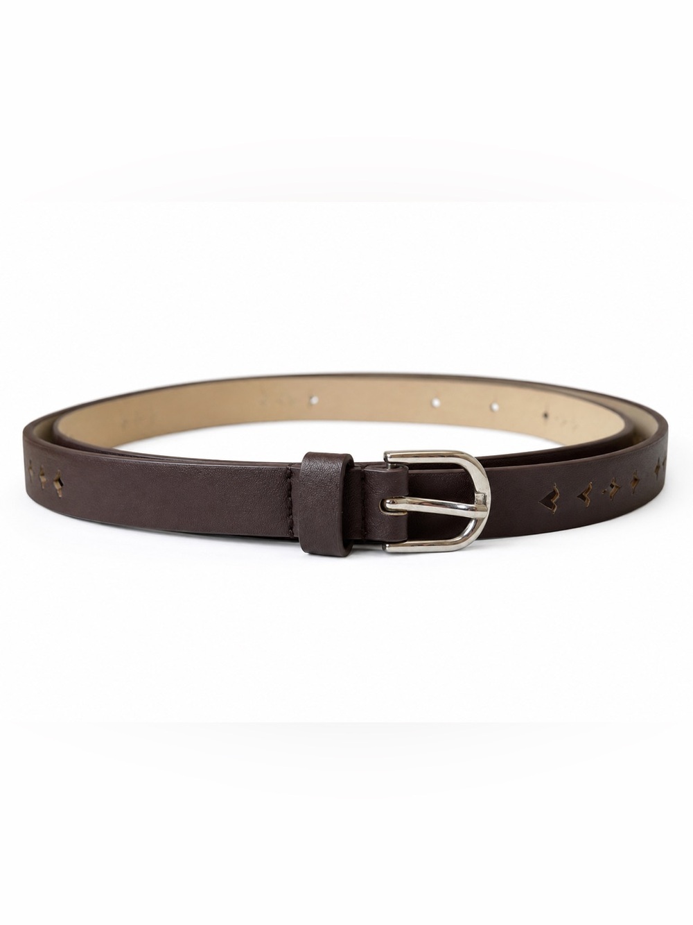 Brown Skinny Belt womens S/M 37” Silver Buckle Cutout Accent Faux Leather Boho - Picture 1 of 4